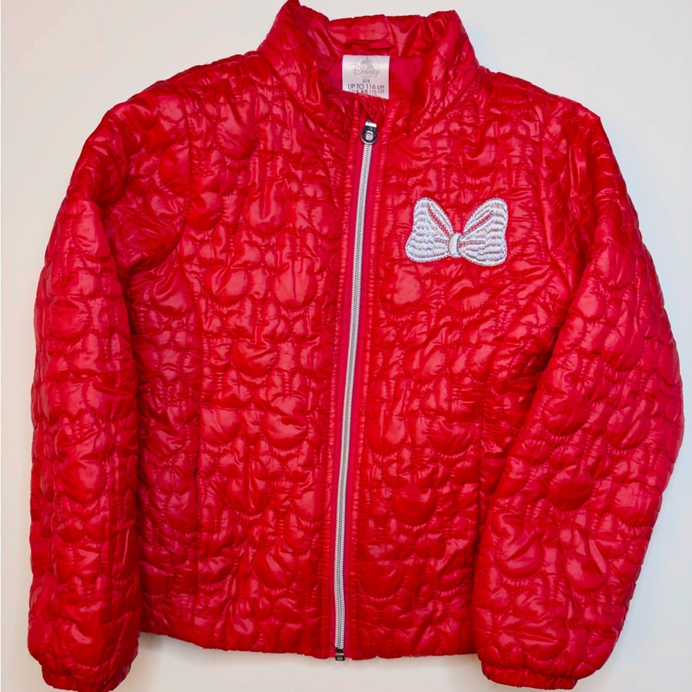 Girls red Disney Minnie Mouse quilted puffer jacket with silver bow- 5/6
